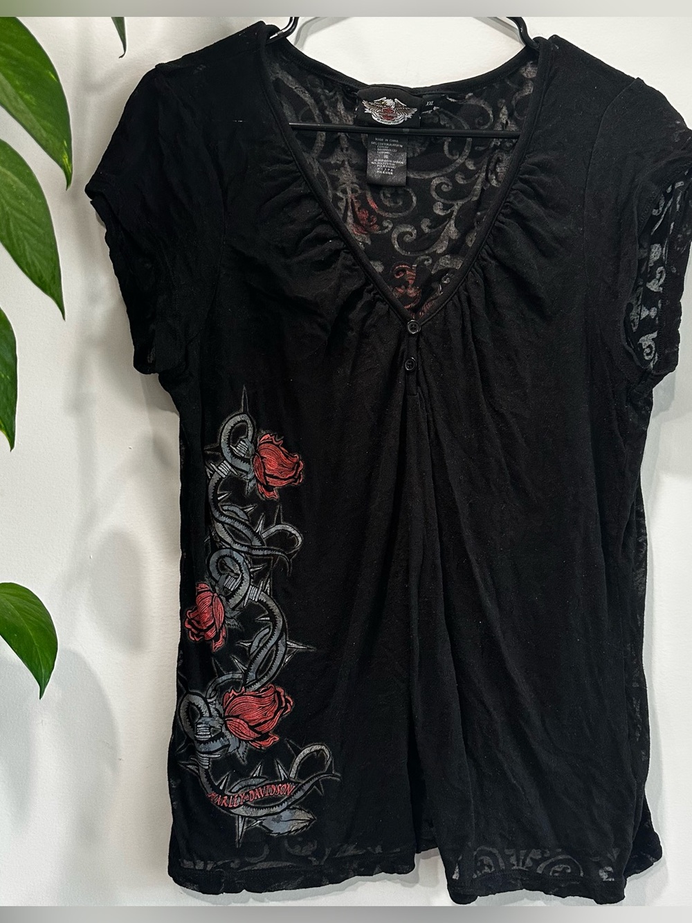 Vtg Harley Davidson Y2K Sheer Floral Black Blouse Red Roses Women’s size XXL